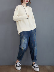 Women Simple Solid Color Knitted Sweater