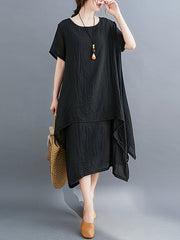 Retro Round Neck Solid Color Irregular Casual Dress