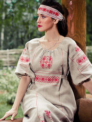 Vintage Embroidered Puff Sleeves Lace-up Long Dress