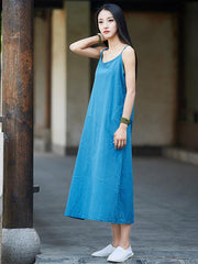 Simple Burgundy&Blue&Black Ramie Cotton Linen Dress