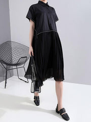 Solid Chiffon Pleated Splicing Lapel Dress