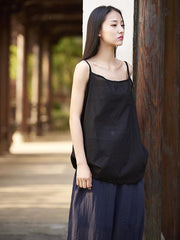 Spaghetti-neck Solid Color Ramie Cotton T-shirt