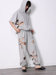 Solid Color Hooded Short Sleeve Sweatshirt Hollow Hole Pants Suit