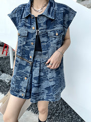 Casual Denim Loose Sleeveless Suit