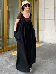 Women Solid Color Loose Strap Wide Leg Casual Pants