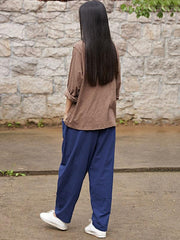 Navy-blue&Burgundy Split-joint Casual Linen Pants