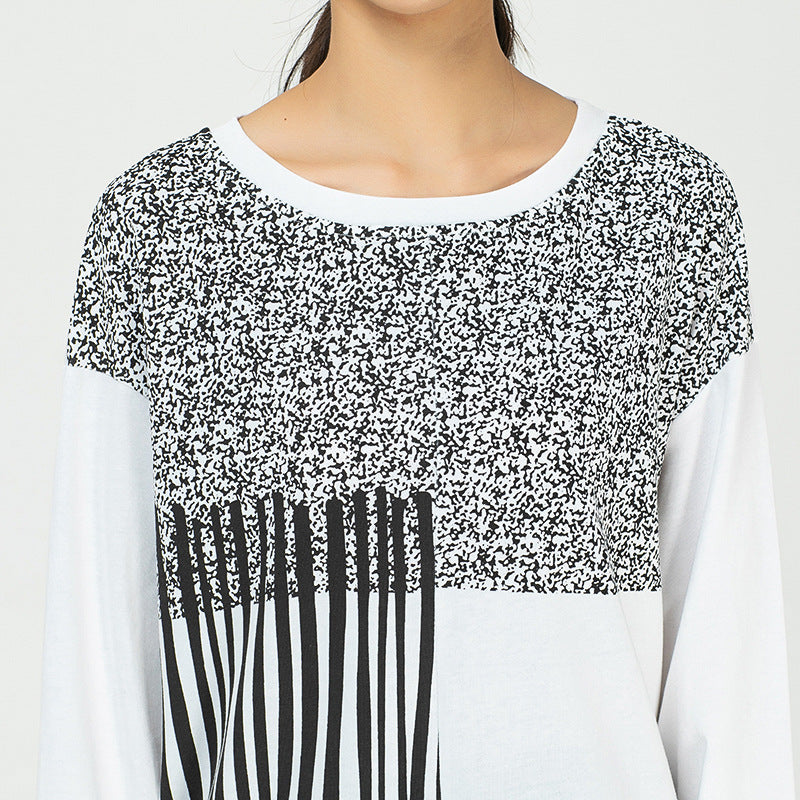 Split-Joint Round-Neck Printed Blouse