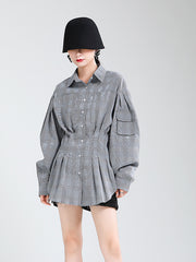 Women Cross Waist Plaid Long Sleeve Shirt Dress