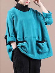 Women Loose Stitching Contrast Color High Neck Sweatshirt