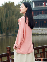 Round-neck Linen Cotton Long Sleeves Tops