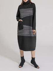 Women High Neck Stitching Stretch Casual Dress