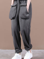 Women Retro Loose Stitching Pocket Plus Velvet Casual Pants