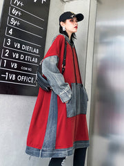 Women Loose Denim Stitching Hooded Midi Dress