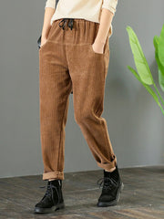 Loose Solid Color Drawstring Corduroy Pants