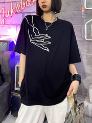 Women Round Neck Loose Embroidered Casual T-Shirt