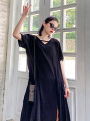 Original Solid Round-Neck Split-Side Dress