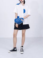 Polka Dot Contrast Color Lapel Irregular Casual Shirt