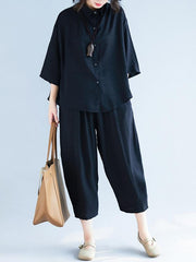 Two-Pieces Black Loose Shirt And Ninth Pants Suit