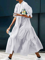Solid Color Pleated Stand Collar Half Puff Sleeves Midi Dress
