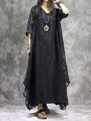 Black False-two Hollowed Pure Maxi Dress
