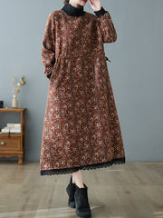 Patchwork Collar Floral Lace-Up Long Midi Dress