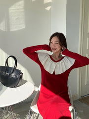 Clashing Color Lotus Collar Casual Dress