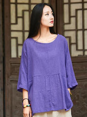 Burgundy&Purple Round-neck Ramie Cotton T-shirt