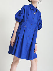 Solid Color Slim Buttoned Short Sleeve Puff Sleeve Dress