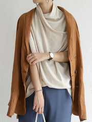 Casual Irregular Solid Color Pleated Heaps Collar Short Sleeves T-Shirt