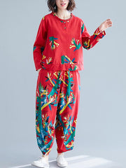 Casual Floral Printed Blouses&Pants Suits
