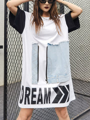 Letter Print Stitching Short Sleeve Loose Dress