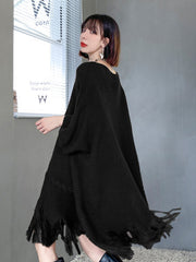 Irregular Fringed Bat Sleeve Loose Casual Sweater Dress