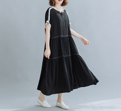 Loose Pleated Color Matching Round Neck Dress