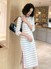 Slouchy High-Cut Seven-Part Sleeve Checkered Slit Cheongsam Midi Dress