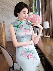 Flower Print Side Split Long Cheongsam