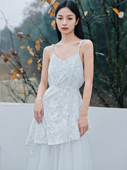 Retro Solid Embroidered Splicing Net Yarn V-Neck Maxi Dress