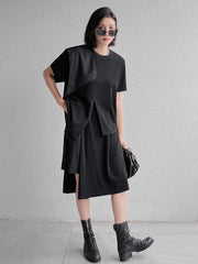 Round Neck Solid Color Irregular Split T-Shirt