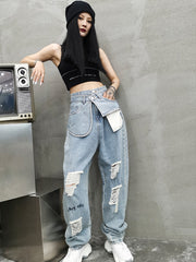 High Waiste Hole Straight Wide Leg Casual Pants