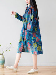 Loose Vintage Printed Single-Breasted Long Shirt