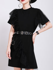 High Waist Solid Color Mesh Panel Mini Dress