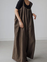 Women Solid Color Loose Strap Wide Leg Casual Pants