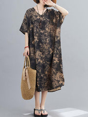 Plus Size Loose Printed V-Neck Midi Dress