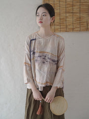 Retro Ink Print Lace-Up Casual Shirt