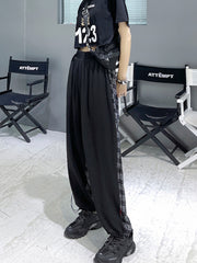 Simple Solid Plaid Stitching Loose Pants