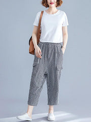 Loose Elastic Waist Plaid Harem Pants