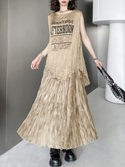 Pleated Asymmetric Round-Neck Letter Print Vest Top + A-Line High Waisted Skirt Two Pieces Set