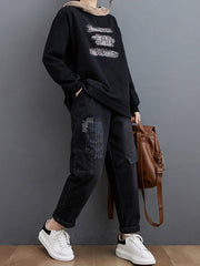 Women Plus Velvet Print Stitching Hooded Sweatshirt