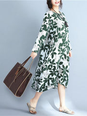 Leaves Print Ramie Cotton Long Dress