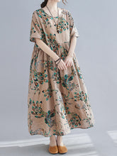 Women Round Neck Print Loose Short Sleeve Dress