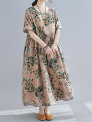 Women Round Neck Print Loose Short Sleeve Dress